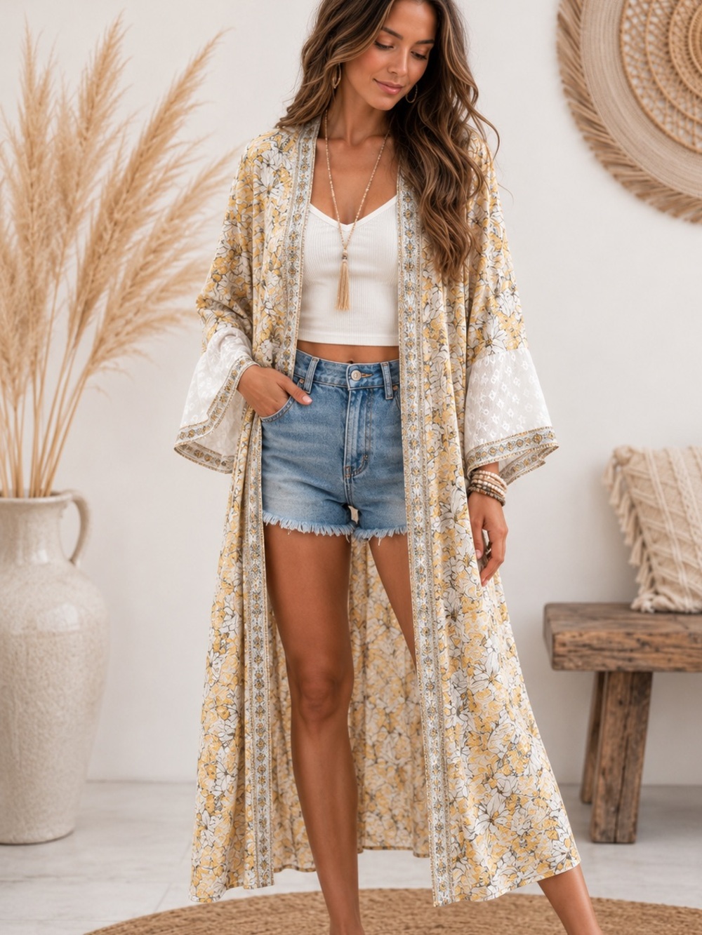 POL Yellow Floral Long Kimono Cover-Up